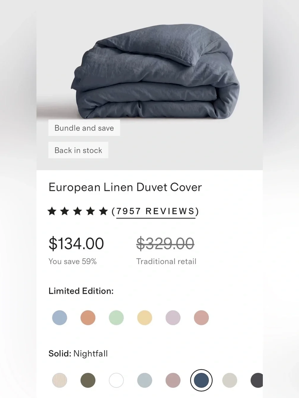 Quince European Linen 1 Piece Duvet Cover, Twin (Nightfall)